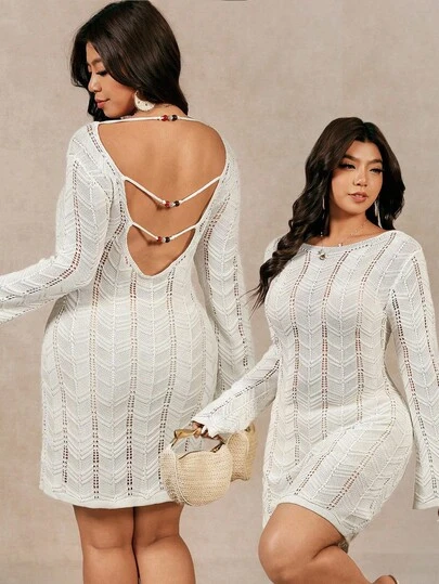 Juhart Women Hollow Beaded Backless Fitted Solid Color Sweater Dress