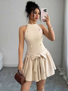 Elenzga Vestido mini de unicolor francés para dama gentil con cuello mao, cintura ceñida, falda plisada y acampanada, cinturón con lazo y botones decorativos, elegante, cómodo y romántico para uso diario y vacaciones - Caqui - Ver 6