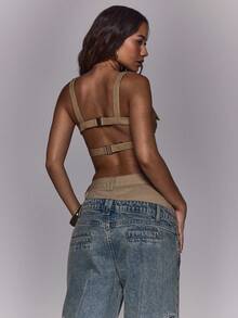 MUSERA Áo bralet giả da với chi tiết khóa cài, thích hợp cho mùa thu đông, đi chơi hàng ngày, đi chơi tối, phong cách thường ngày, cá tính, đường phố, thanh lịch, lễ hội, Giáng sinh. - màu nâu - Xem 4