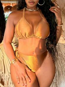 Slaydiva Plus Size Solid Color Halter Tie Bikini Set Set, Summer Fashion - Multicolor - View 3