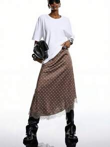 LYSMO 大码新款简约棕色纯色不对称下摆撞色蕾丝优雅半身裙，缎面蕾丝棕色半身裙，适合外出、优雅场合、女士派对礼服、圣诞派对礼服、夏季女装、派对礼服 - 棕色 - 查看 5