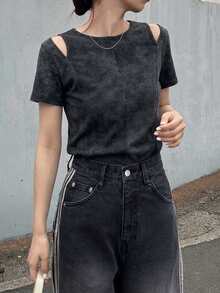 FRIFUL Women's Casual Hollow-Cut Round Neck Short Sleeve T-Shirt, Summer - Dark Grey - View 5