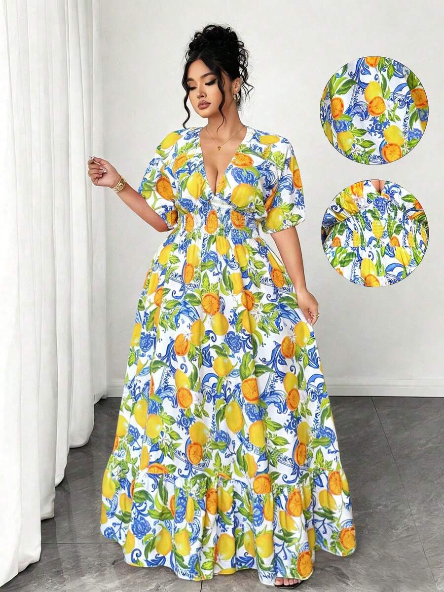Elenzga 大码女式V领收腰夏季水果印花休闲度假连衣裙 女士度假连衣裙 女士碎花夏季连衣裙 碎花女式连衣裙 女士夏季长裙 女士碎花连衣裙 V领长款连衣裙 夏季长裙 女士夏季连衣裙 热带风情连衣裙 女士夏季度假连衣裙 水果印花连衣裙 大码春季套装 大码女装 两件套 大码夏季女式连衣裙 大码热带风情女装 大码女式夏季套装 - 彩色 - 查看 1