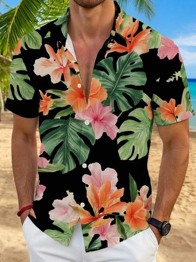 VIVINTIMO Camisa de manga corta con estampado de plantas tropicales para hombre