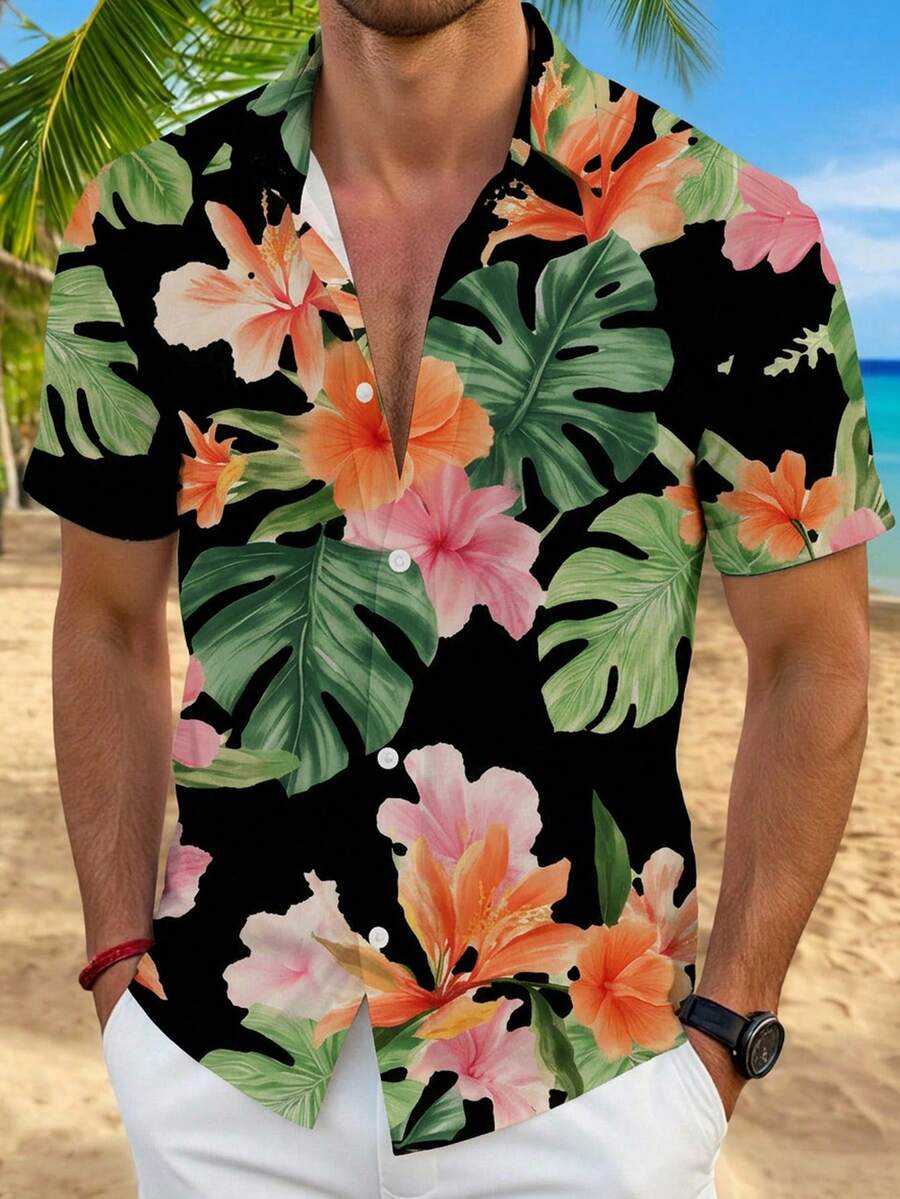 VIVINTIMO 男士热带植物印花短袖衬衫 - 黑色 - 查看 1