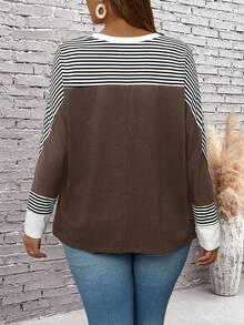 Rosumi Plus Size Women's Casual Crew Neck Striped Batwing Sleeve T-Shirt, Spring/Fall,Fall Clothes For Women - Brown - View 3