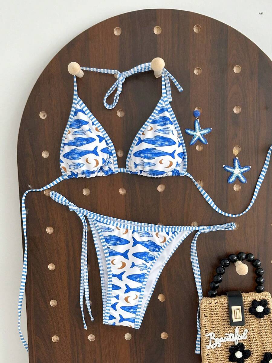 Swim Vcay 女士性感露背打结挂脖鱼纹分叉比基尼两件式泳衣，适合海滩、度假村穿着 - 彩色 - 查看 1