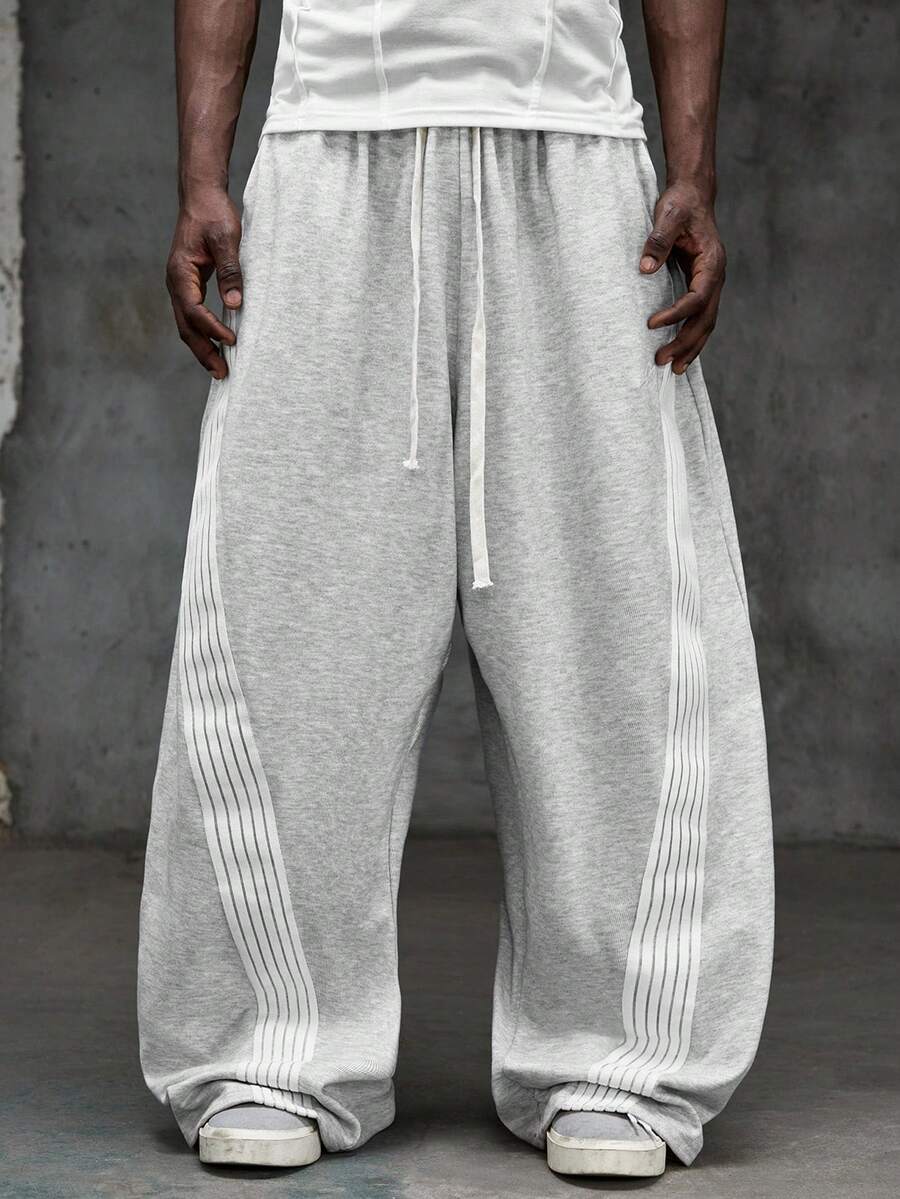 NEON BLANC 男士灰色抽绳阔腿运动裤，侧边饰有白色条纹，休闲日常运动居家裤 - 灰色 - 查看 1