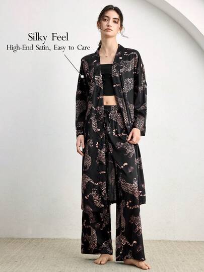 Ocili Satin Pajama Pants, Comfortable Animal Print Loungewear Bottoms For Women