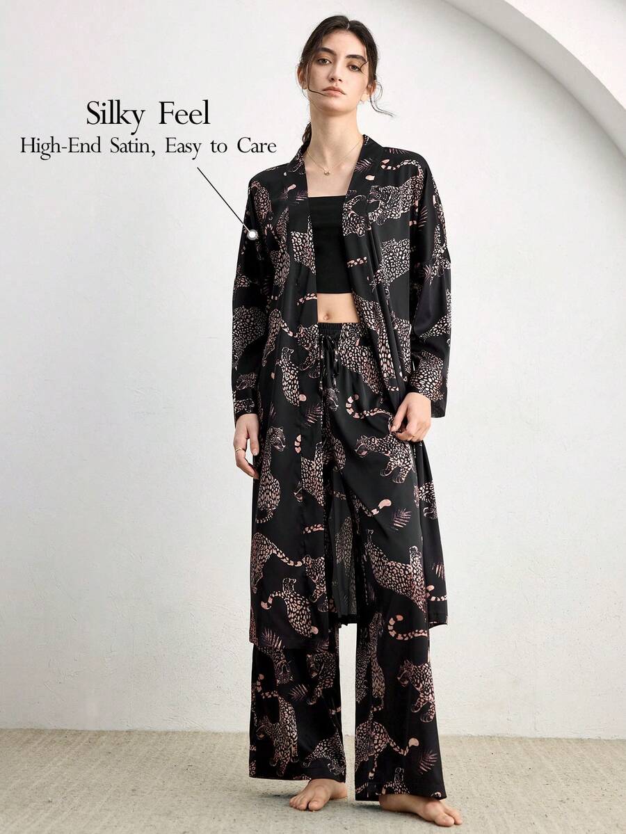 Ocili 缎面睡裤,舒适动物纹家居服下装(女士款) - 黑色 - 查看 1