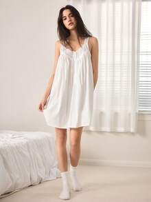 Ocili Women's Floral Embroidery Hollow Button Design Nightgown, Ladies' Sleepwear Dress - White - View 4