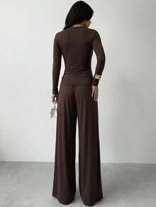 Firerie Bộ đồ nữ thường ngày thanh lịch gồm áo dài tay và quần ống rộng, chất liệu dệt kim, thân thiện với da, thích hợp mặc hàng ngày. - màu nâu - Xem 7