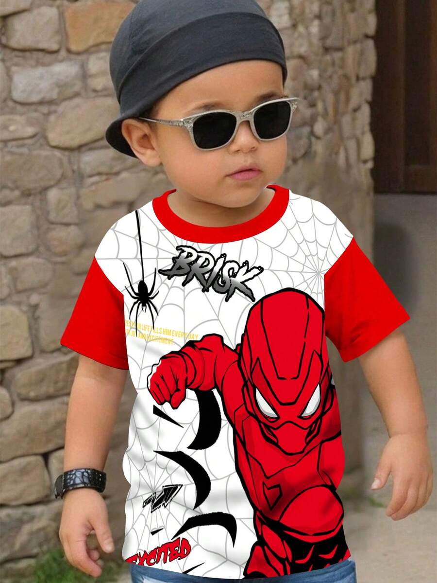SHEIN Baby Boy Casual Minimalist Top Suitable For Spring & Summer, Classic Stylish Spider, Spider Web, Spider Hero Graphic Print - Multicolor - View 1