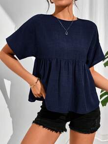 SHEIN Essnce Áo sơ mi ngắn tay màu trơn dáng casual dành cho nữ, mùa hè. - Xanh đậm - Xem 3