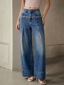Quần Jeans Ống Rộng Rộng, Dáng Rộng, Thường Ngày, Có Viền Xỉn, Dành Cho Nữ - Màu xanh lam - Xem 2