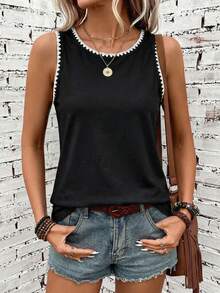 SHEIN LUNE Áo tank top nữ kiểu dáng tối giản, thêu hoa, thích hợp mặc mùa hè. - màu đen - Xem 5