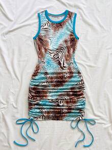 Soleia Damen Große Größen Sommer Urlaub Blau Leopard Muster Künstlerische Graffiti Strick Trägerkleid mit Kordelzug Saum, geeignet für Musikfestivals, Ostern, Karneval, Strand, Kreuzfahrt, Nachmittagstee - Verschiedenfarbig - Übersicht 5