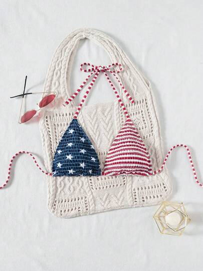 Swim Mod Plus Size Women Swimsuit Top, Versatile Multi-Color Patchwork Digital Print, Suitable For Summer Beach Vacation Pool