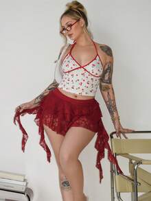 Arliah Váy ngắn ren trắng hở eo gợi cảm phong cách nghỉ dưỡng thường ngày kèm quần short an toàn để tránh bị lộ váy - Màu Đỏ Sâu - Xem 1