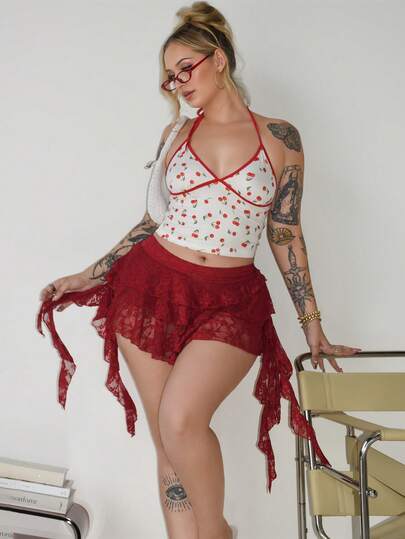 Arliah Minifalda casual de vacaciones con cintura baja, sexy, de encaje blanco con volantes y shorts de para evitar que se levante la falda