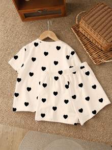 2pcs Tween Girls Casual Minimalist Short Sleeve Shorts Set, Classic Heart Polka Dot Print, Suitable For Summer Zoey Outfit Cute Tops Heart Pattern Clothes Cute Tops For Teen Girl Heart Print Top - Multicolor - View 4