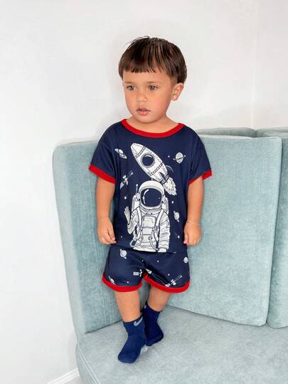 Bubblio 2件套男婴海军蓝宇航员太空图案撞色红色圆领短袖T恤和印花短裤休闲家居服套装，舒适时尚
