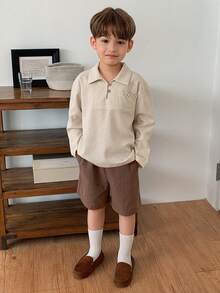 DAZY Áo sơ mi dài tay cổ polo họa tiết thường ngày cho bé trai - Màu be - Xem 5
