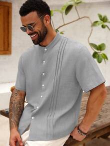 Manfinity RSRT Áo sơ mi nam cỡ lớn, tay ngắn, màu trơn, cài một hàng khuy, kiểu dáng casual, xếp ly. - Xám - Xem 6