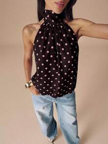 SHEIN BAE Black & White Polka Dot Backless Halter Neck Sexy Crop Top, Suitable For Music Festivals, Vacations,Summer Top - Chocolate Brown - View 4