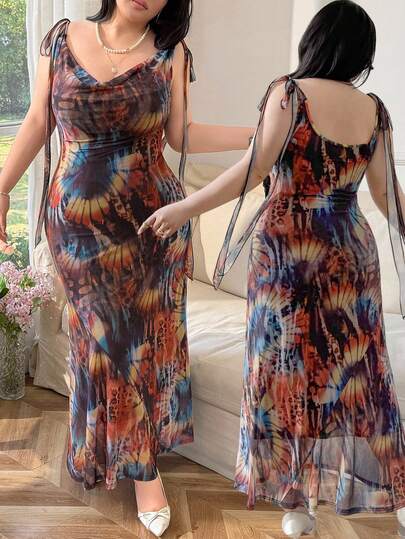 CovetEZ Đầm lưới buộc dây, họa tiết hoa nhiệt đới nhuộm tie-dye, kiểu dáng thường ngày, cỡ lớn, thích hợp cho mùa xuân/hè.