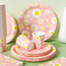 粉色雏菊花园一次性餐盘、餐巾纸和杯子，派对用品套装，可供 24 人使用，一次性纸质派对餐具，适合生日、婚礼、主题派对、家庭野餐。 - 查看 3