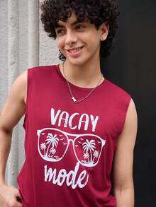 Open Phase 男士夏季字母和棕榈树印花休闲无袖背心，复古美式，男女皆宜，宽松版型夏季服装——适合日常穿着和夏季度假穿着。 - 酒紅色 - 查看 4
