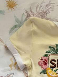SHEIN Women's Pale Yellow Ink Print Fitted Short Sleeve T-Shirt Beach Vacation Summer Tropical - Multicolor - View 3