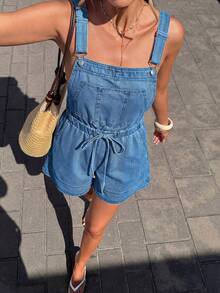 Serisse Women's Casual Loose Belted Denim Romper Summer Carnival Costume Commuting Vacation Graduation Chic Y2k Cute Streetwear Party Wedding Elegant Business Casual Woman Business Beach Graduation Easter Women's Casual Denim Jumpsuit Shorts With Suspenders And Cinched Waist Ideal For Everyday Wear Elegant Commuter Denim Tie Waist Denim Romper Casual Romper - Blue - View 2