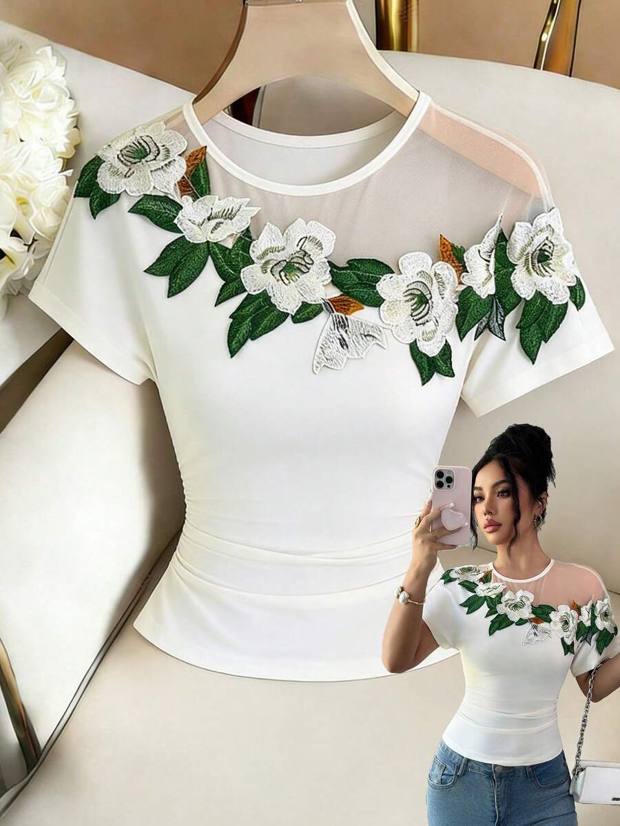 Elenzga Crew Neck Short Sleeve Fitted Elegant Floral Decor Summer T-Shirt - Apricot - View 1
