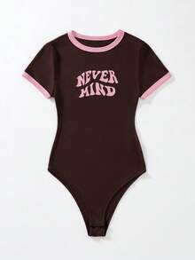 SHEIN EZwear 大码女式标语印花圆领短袖休闲连体衣 - 巧克力棕 - 查看 7