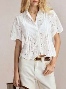 BizChic 春夏新款白衬衫，翻领纽扣设计，镂空刺绣，波浪蕾丝饰边，通勤/办公穿着，社交/工作上衣，母亲节/派对/婚礼宾客/毕业典礼/海滩度假衬衫 - 白色 - 查看 5