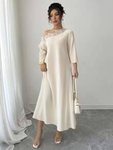 SHEIN PETITE Mid-Length Patchwork Mesh Trim Semi-Sheer Dress For Women - Apricot - View 5