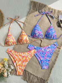 Swim Mod 2026 Spring/Summer 4pcs/Set Ditsy Floral Halter Bikini Set - Multicolor - View 1