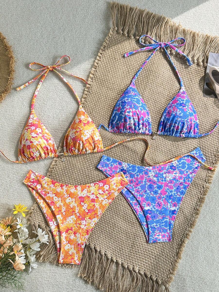 Swim Mod 2026 Spring/Summer 4pcs/Set Ditsy Floral Halter Bikini Set - Multicolor - View 1