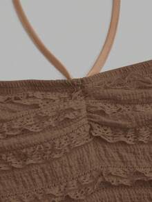 Sweetra Plus Size Women's Chocolate Brown Summer Cute Vacation Holiday Vintage Resort Style Dress,Textured Backless Double-Layer Ruffle Hem Pleated Neckline - Brown - View 4