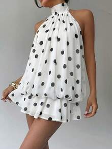 Aloruh Women's Elegant Beige Halter Neck Tie Mini Dress - White - View 5