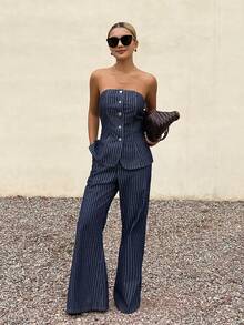 DAZY Conjunto de top tubo a rayas y pantalones vaqueros de pierna ancha para vacaciones y viajes, de corte holgado, para primavera/verano - Azul - Ver 7
