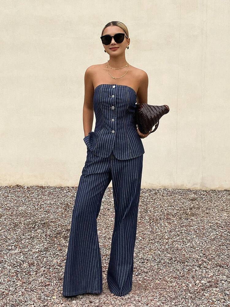 Women's Vacation & Commute Striped Tube Top & Wide Leg Jeans Set, Loose Fit, Spring/Summer