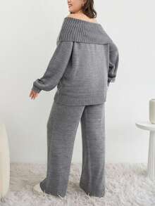 Plus Size Solid Foldover Off Shoulder Sweater & Knit Pants Set - Light Grey - View 2