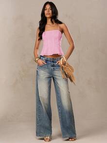 SHEIN BAE Áo hai dây croptop màu trắng, chất liệu pha lanh, thêu hoa 3D, thích hợp cho mùa hè, đi biển, kỳ nghỉ ở miền Nam nước Pháp, Ibiza, Ý. - Màu Hồng baby - Xem 8