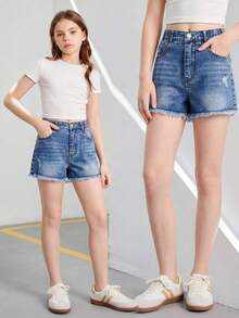 SHEIN 青少年女孩淺藍色夏季休閒街頭風開學高腰破洞牛仔短褲，青少年女孩毛邊水洗寬鬆牛仔短褲 - 深色水洗藍 - 查看 3