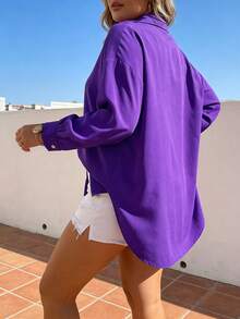 Breezaya 大尺寸單色寬鬆落肩襯衫 - 紫色 - 查看 3