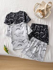 4pcs/Set Young Boy's Spring/Summer Knit Crew Neck Short Sleeve Shorts Pajama Set, Dinosaur Graphic Print, Casual Tight-Fit Loungewear - Multicolor - View 2