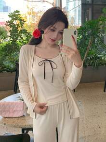DAZY 3pcs/Set Wave Trim Decor Bowknot Camisole Top & Straight Hem Pants & Open Front Top Lounge Set, Cozy Outfits, Fall Winter Clothes - Beige - View 2